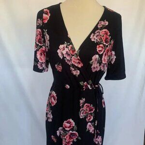 Floral Wrap Maxi Dress - Black with Pink Rose Print